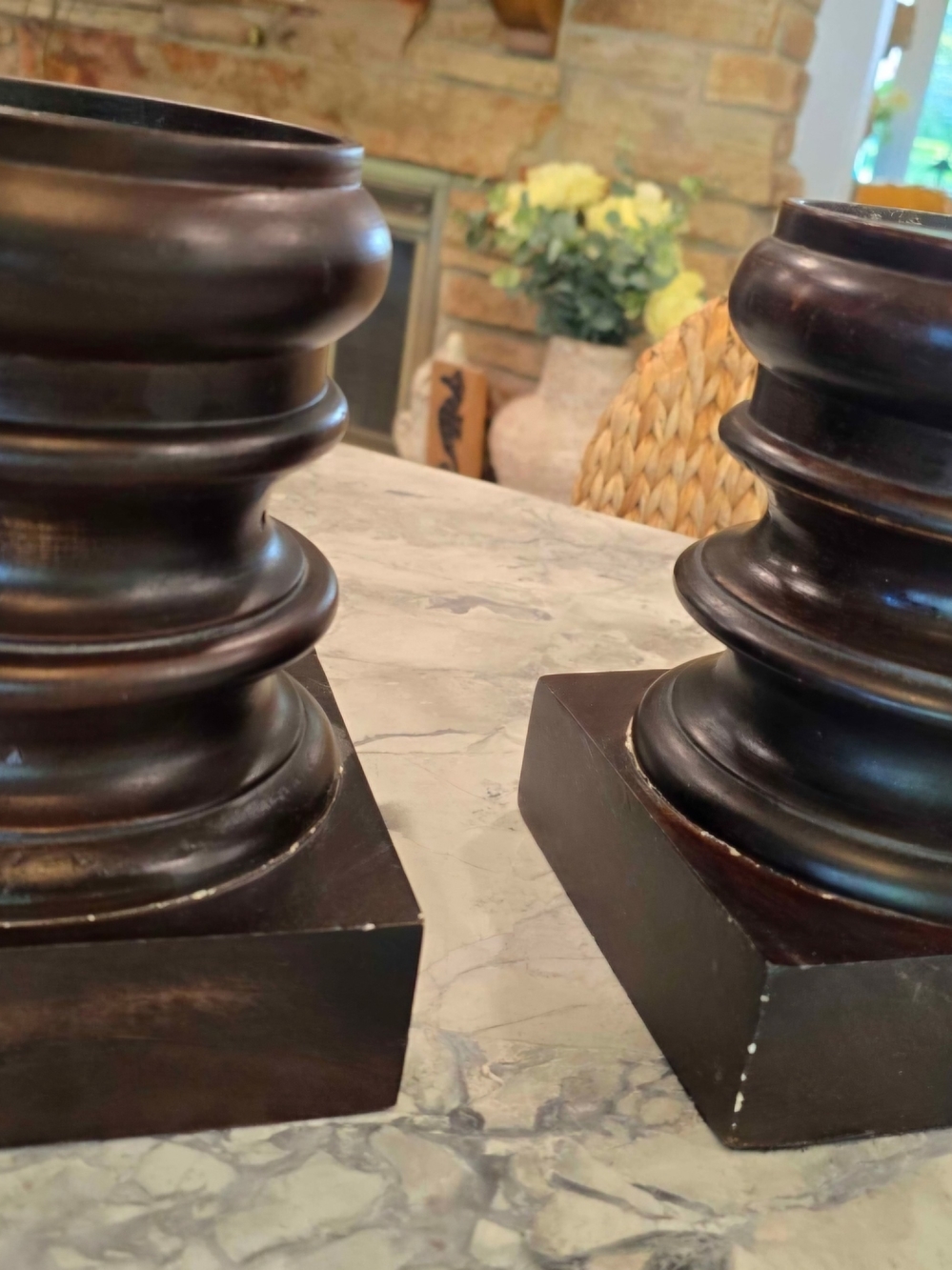 Pottery Barn Dark Brown Turned Wooden Pillar Candlestick Pair